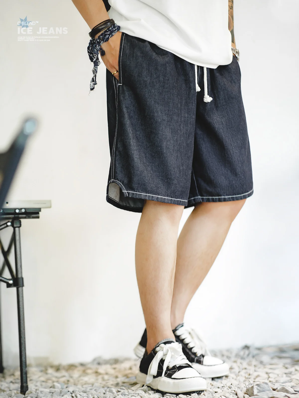 

Maden Ice Silk Denim ort orts American Casual Workwear Straight Leg Five-Point Men's Summer Cool Feeling Loose Fit Jeans