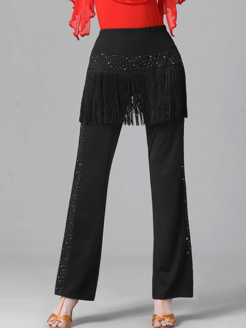 Latin Dance Costume Sequin Tassel Long Pants Square Dance Sailor Guitar Dancewear Trousers Standard Ballroom Dresses for Women