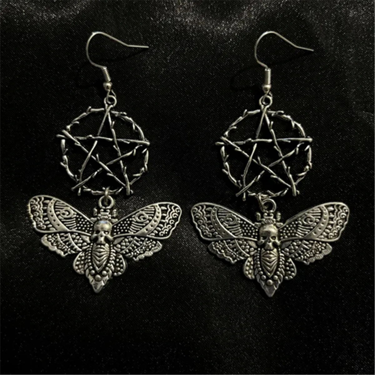 Gothic Wicca Pentagram Death Moth Earrings Jewellery Goth Fairycore Halloween Witchy Occult Alternative Medieval Women Gift