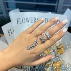 XSBODY CZ Adjustable One-finger Open Leaf Ring Women Hand Cuff AAAAA Cubic Zirconia Bride Wedding Rings Aesthetic Party Gifts