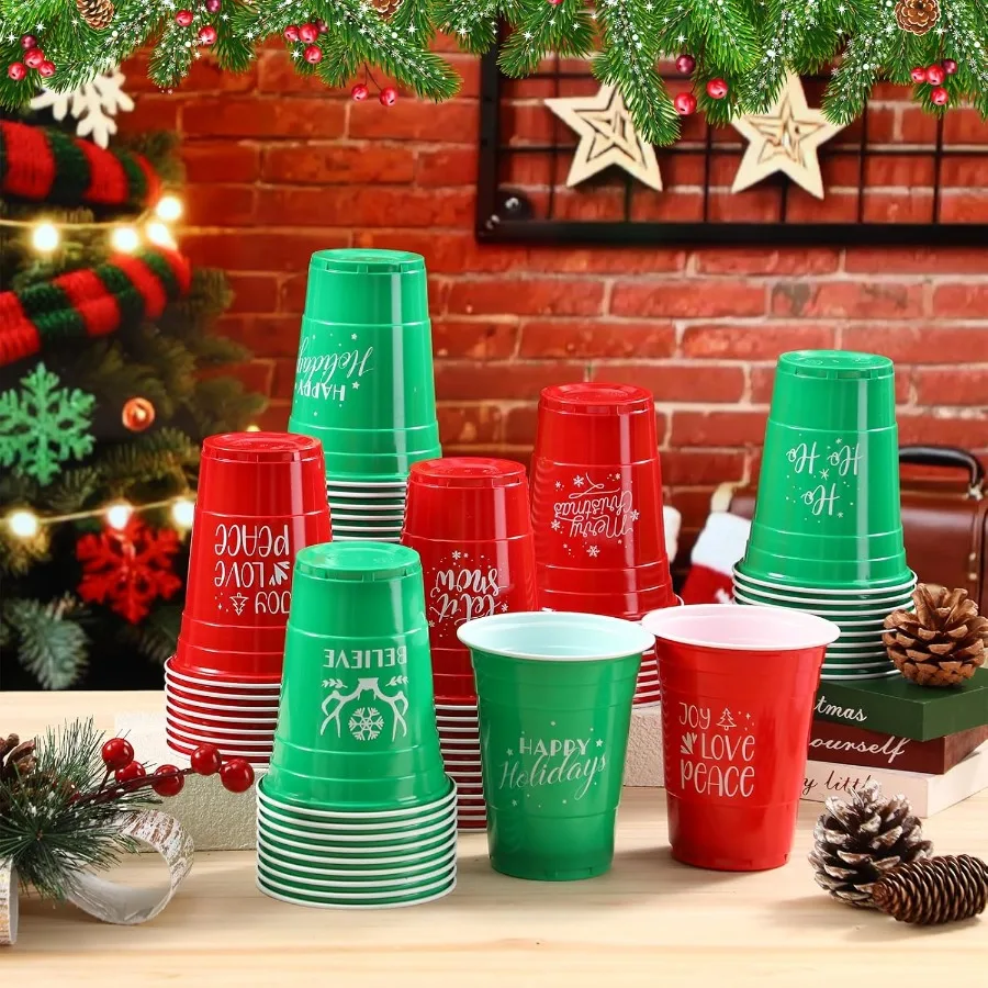 60 Pcs 16 oz Christmas Plastic Disposable Cups Bulk with Snowflake Elk Star Christmas Tree Designs for Holiday and Birthday Par