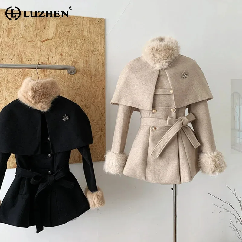 LUZHEN Luxury Elegant Cloak Shawl Design Solid Color Slim Waist Belt Woolen Dresses Women\'s Original Fur Splicing Trench AA2346