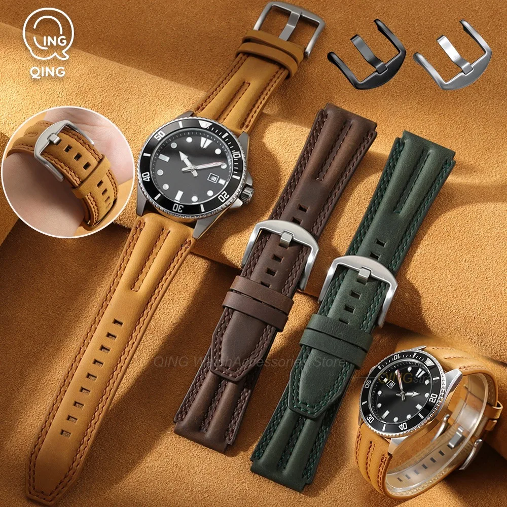 Correa de cuero vintage de 22 mm con doble ranura, de piel de vaca estilo «Crazy Horse», para hombre y mujer, correa de reloj de repuesto, cinturón mejorado, pulsera deportiva duradera.