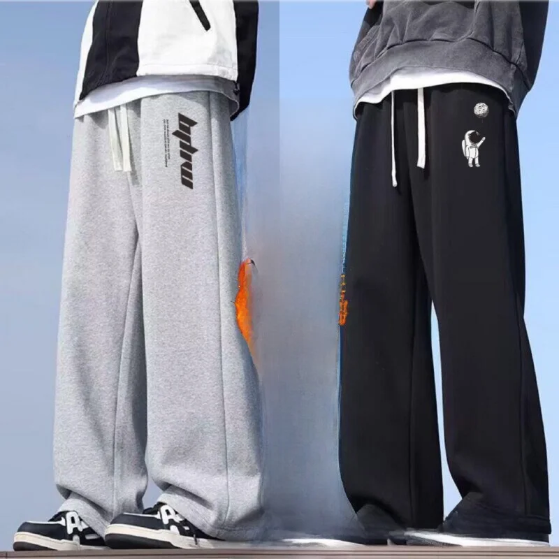 

Утепленные прямые брюки из флиса для мужчин: свободные, модные, с принтом, больших размеров, спортивные, повседневные, осенне-зимние, уличный стиль