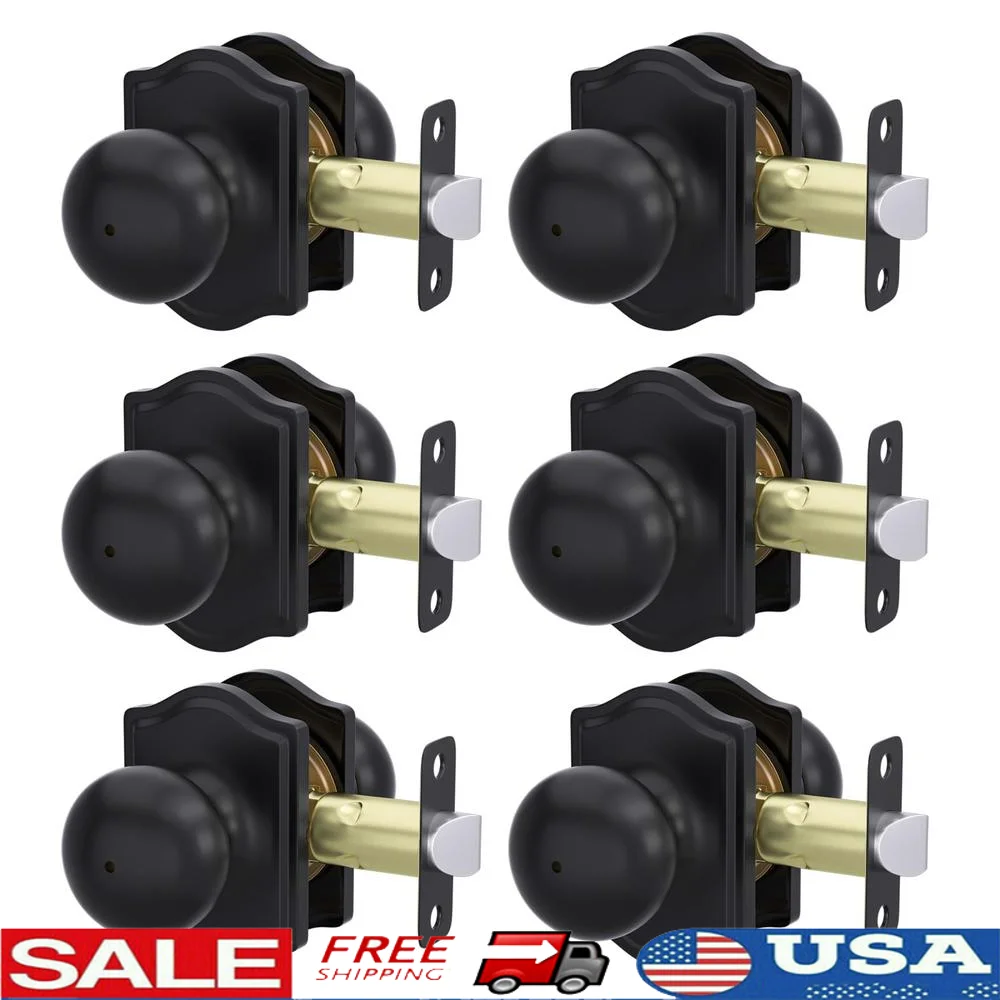 6 Pack Black Interior Door Knob Set Bedroom Bathroom Privacy Stainless Steel Classic Knob Handle 2.375