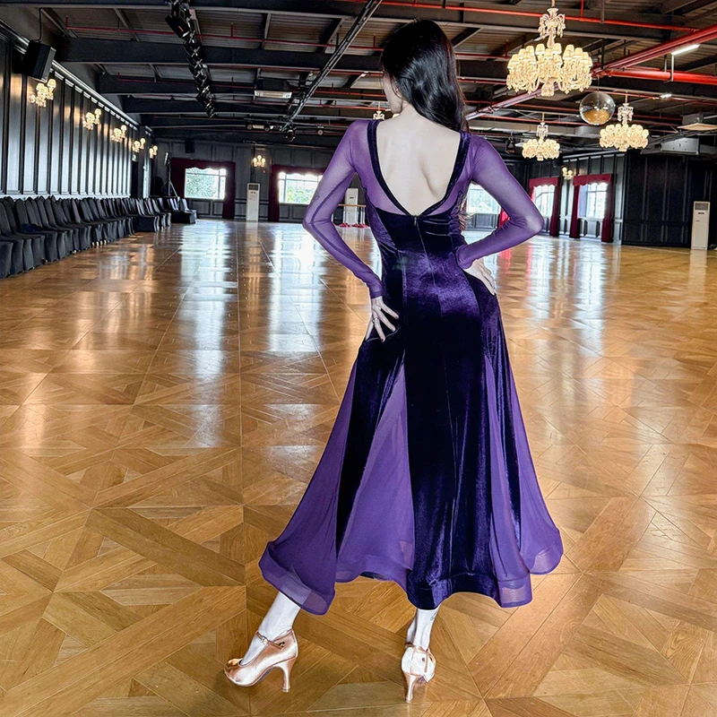 Nuevo vestido de baile de salón para mujer, vestidos sexis de terciopelo con espalda descubierta y manga larga, ropa de actuación de danza moderna para graduación y vals para adultos XH1851