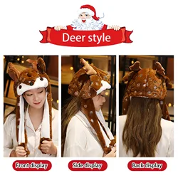 Moving Christmas Reindeer Ears Hat Hand Pinching Ear To Move Santa Claus Beard Cap Funny Gift For Women Kids Plush