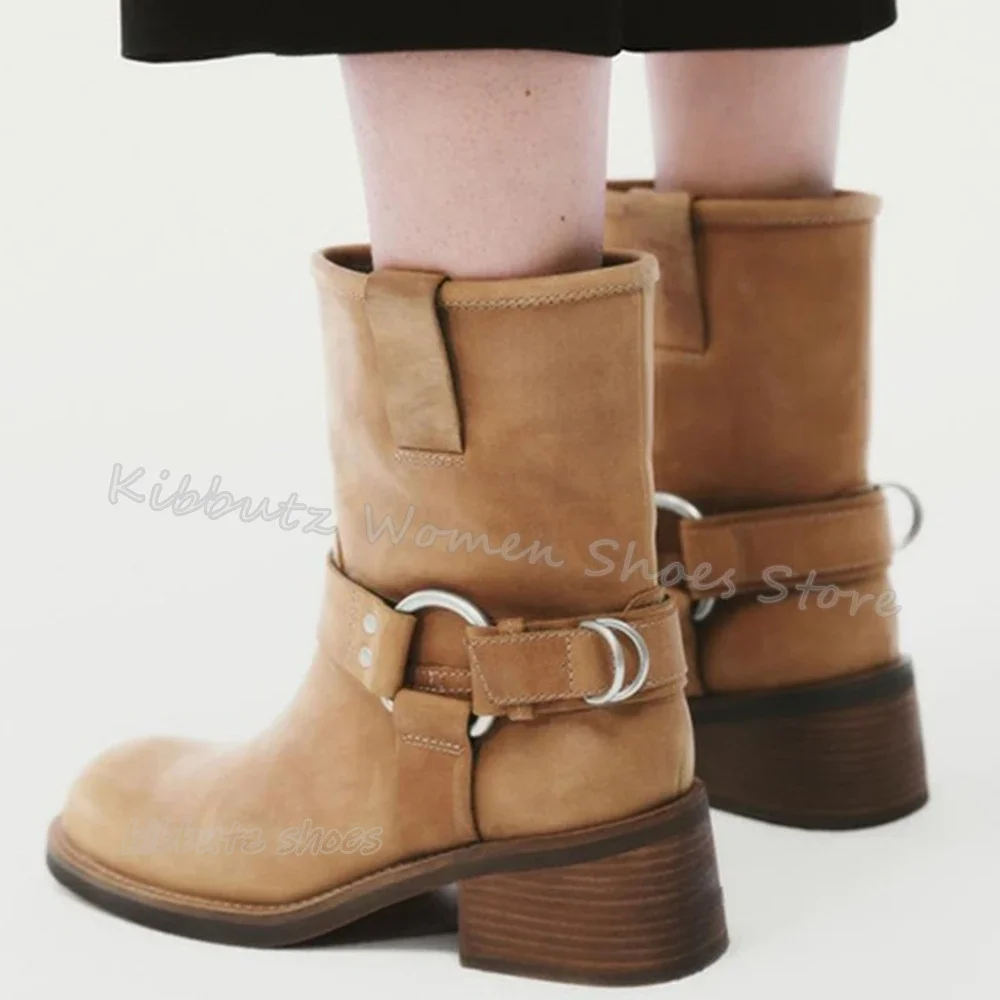 

Suede Belt Buckle Ankle Boots Vintage Fashion Luxury Elegant Concise Round Toe Chunky Heels Solid Color Slip-On Women Shoes New