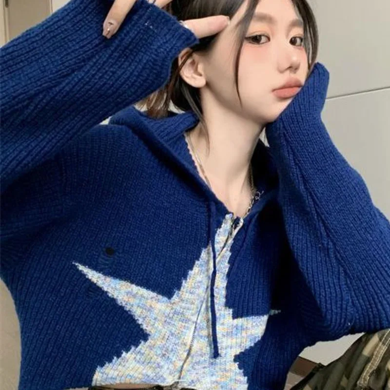 Hip Pop Y2k Star Zipper Hoodies Women Short Knit Cardigan Autumn Korean Fashion Long Sleeve Sweater Female Clothing Trendy 2024