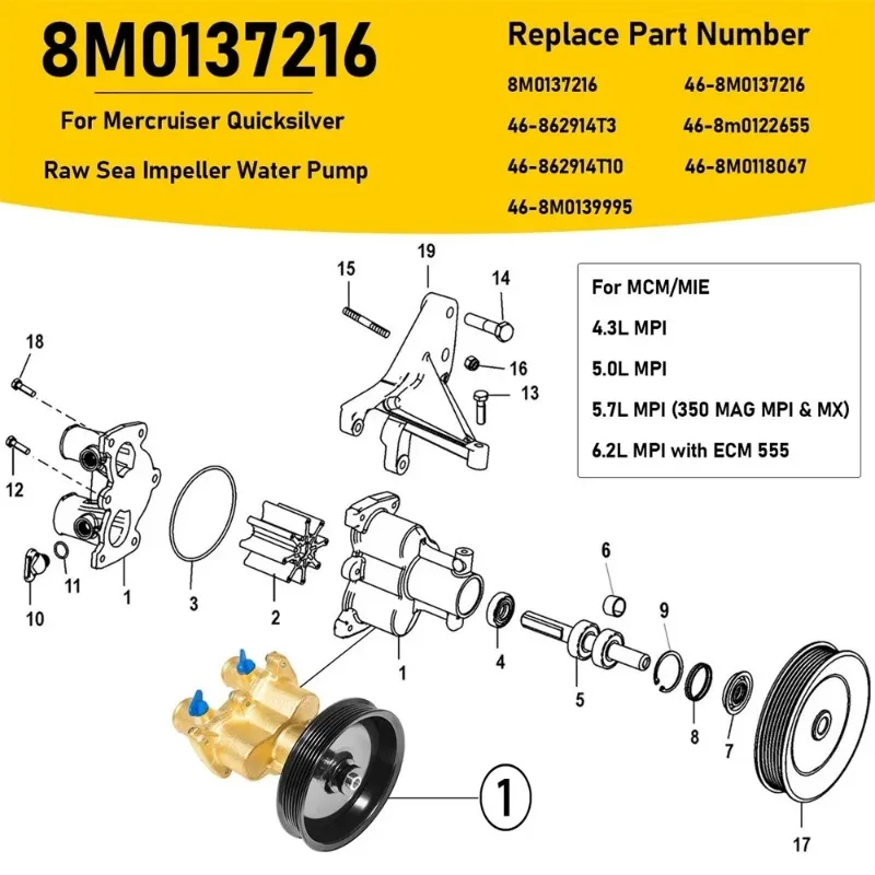 Brass Raw Sea Water Pump Kit for Mercury Mercruiser Quicksilver 4.3 5.0 5.7 6.2L 8M0139995 8M0137216, 46-862914T10, 46-8M0118067
