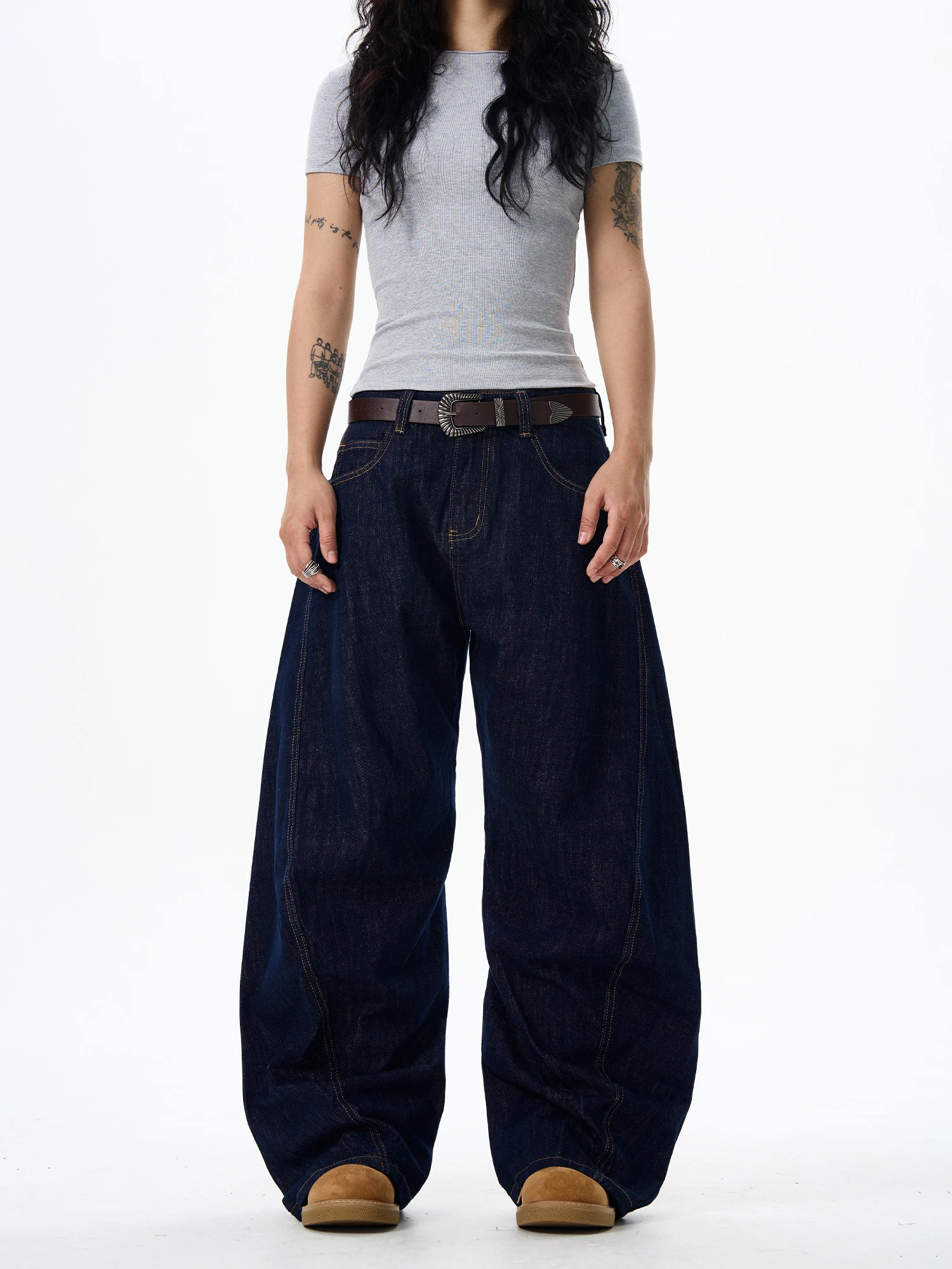 

Широкие джинсы American Sle High Street, темно-синие повседневные хлопковые брюки с изогнутыми ножками и высокой талией, женская мода