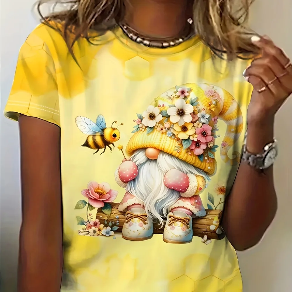 Bee & Gnomes Printed Womens T-Shirt - Comfortable Crew Neck, Short Sleeves For Summer Style - Trendy Casual Tee For Warm Weather