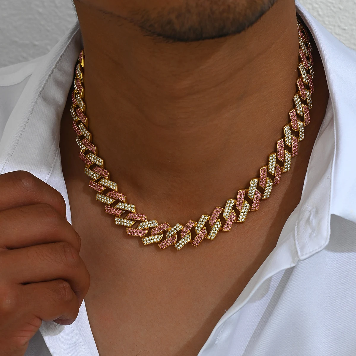 Men Hip Hop Double Color Cuban Chain Necklace Bule Pink Yellow Crystal Stone Choker Box Clasp Clavicle Necklace Fashion Jewelry