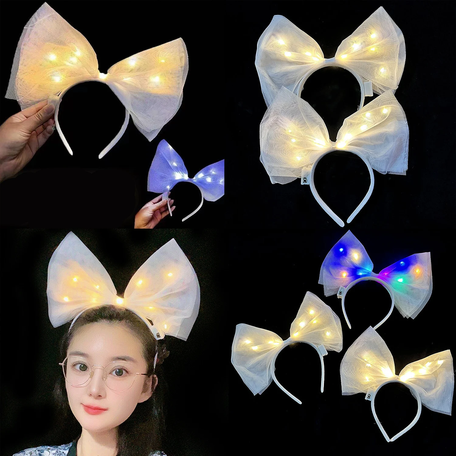 

1Pc New Fashion Women Glowing Bow Mesh Fairy Wreath LED Light Flash Hair Hoop Glow In Dark Party Decor Women Hair Accessories