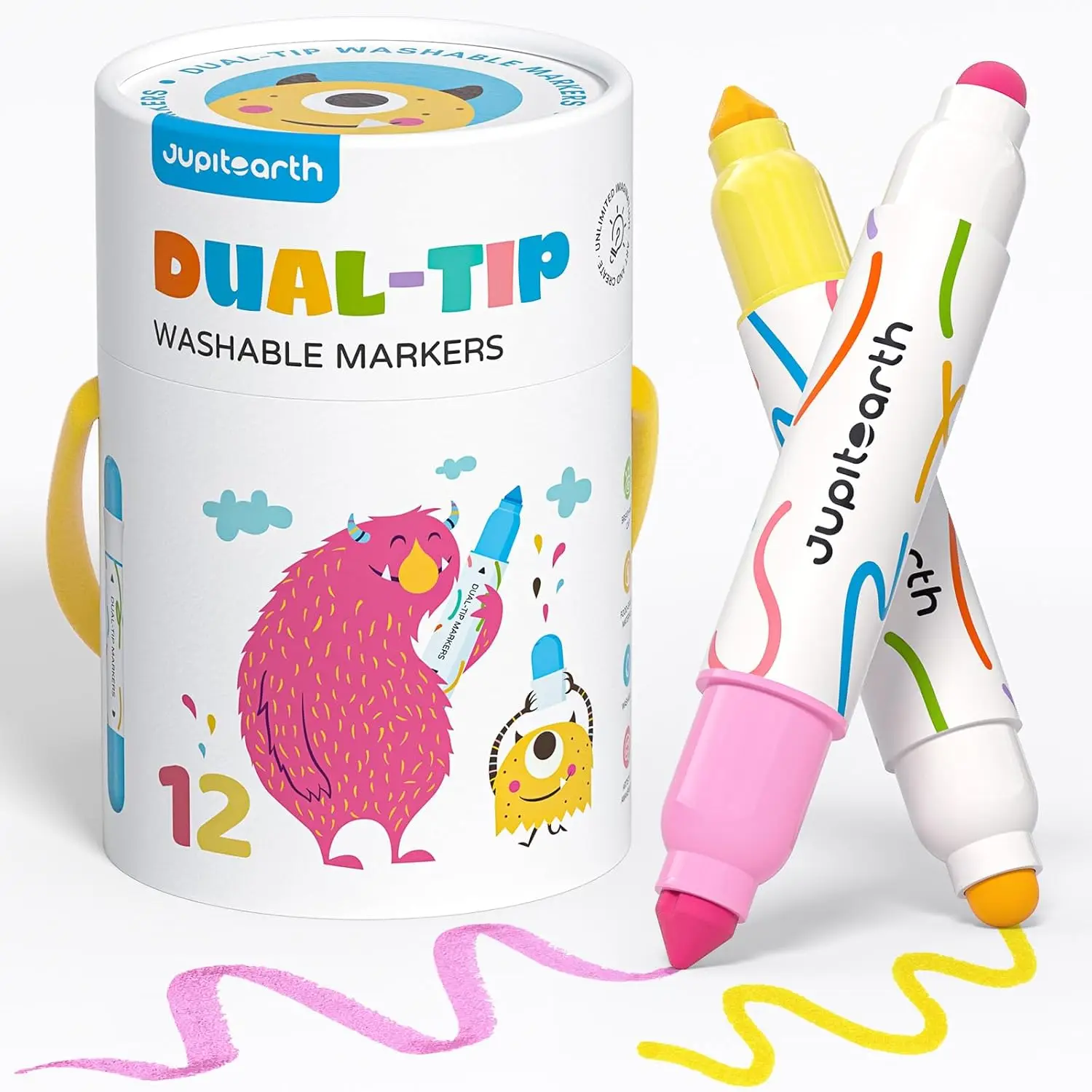 

Dual Tip Washable Markers for Kids, 12 Colors, Broad & Fine Tips, Portable Case, Gift for Toddlers