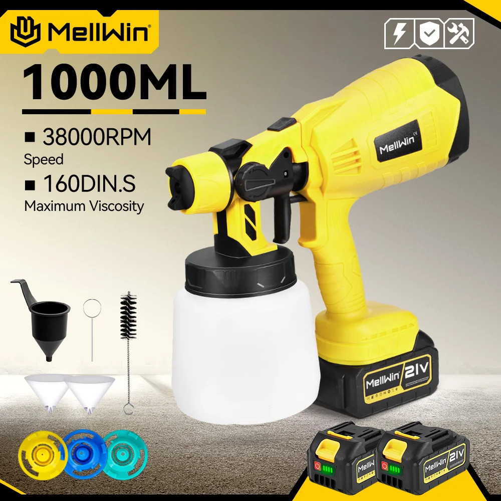 MELLWIN 1000ML Elektrische Spritzpistole, tragbarer, kabelloser Farbsprüher, HVLP-Sprühgerät für Auto, Möbel, Haushalt, kompatibel mit Makita 18V Akku.