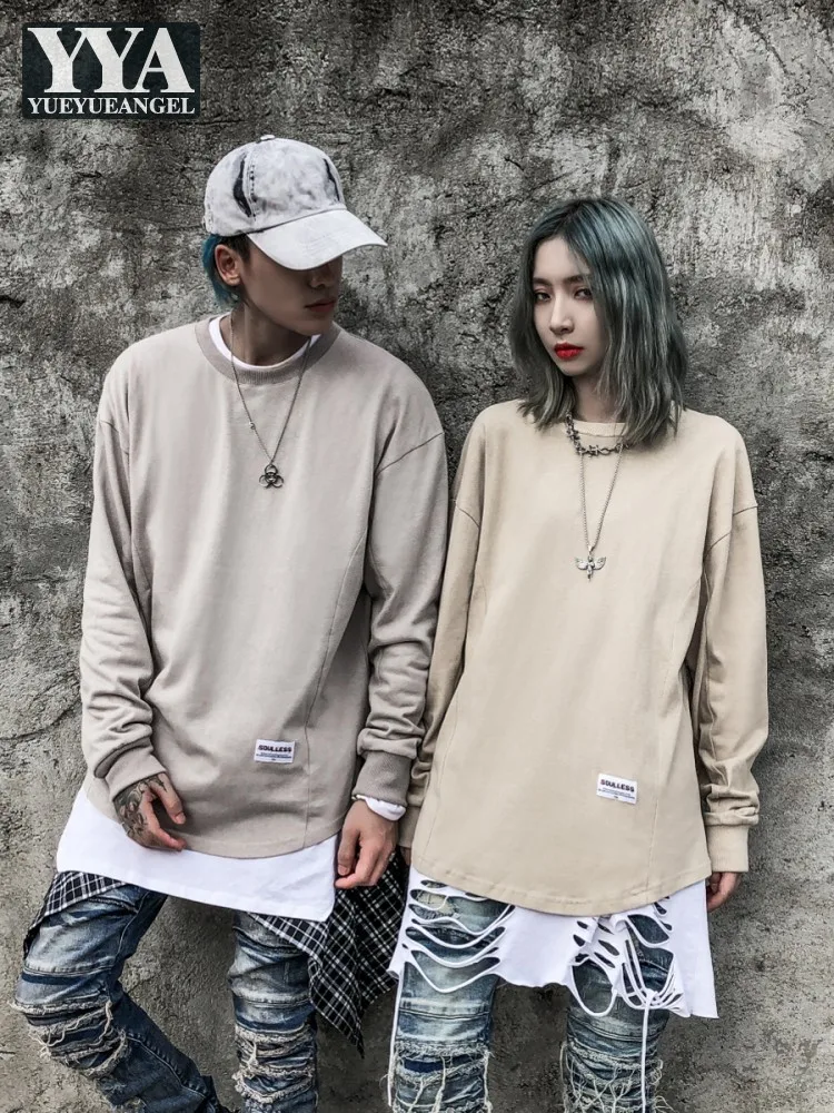 

High Street Lovers O Neck Long Sleeve Loose Fit T-Shirt Men Spring Streetwear Tees Tops Harajuku Hip Hop Sweatshirt Solid Color