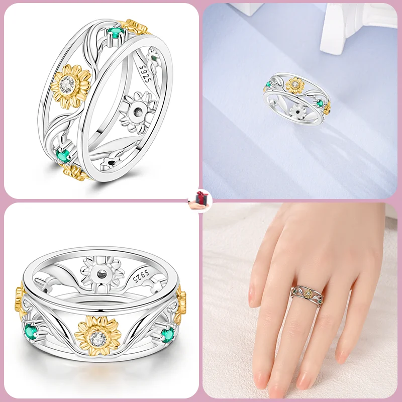 New 925 Sterling Silver Fashion Colorful Heart Belt Sunflower Elephant Ring Ladies Fine Party Engagement Wedding Jewelry Gift