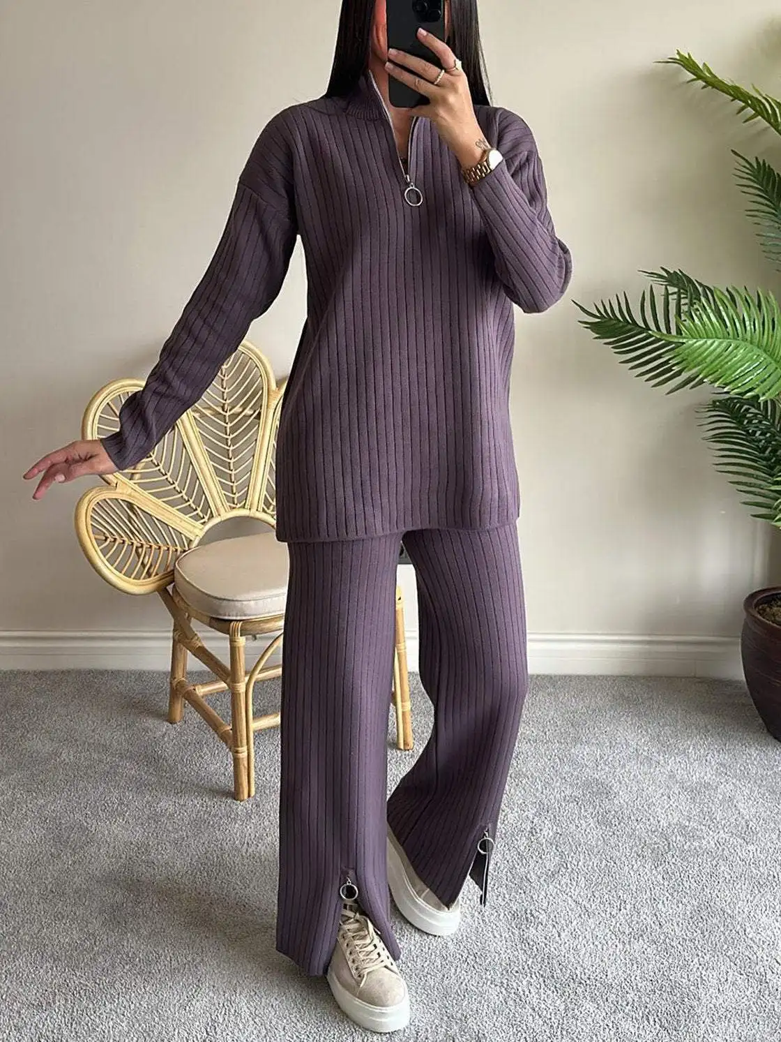 2024 New Autumn Women\'s Solid Color Zipper Knitted Suit High Collar Pit Strip Home Wear Two-Piece Set Sets For Women 2 Pieces