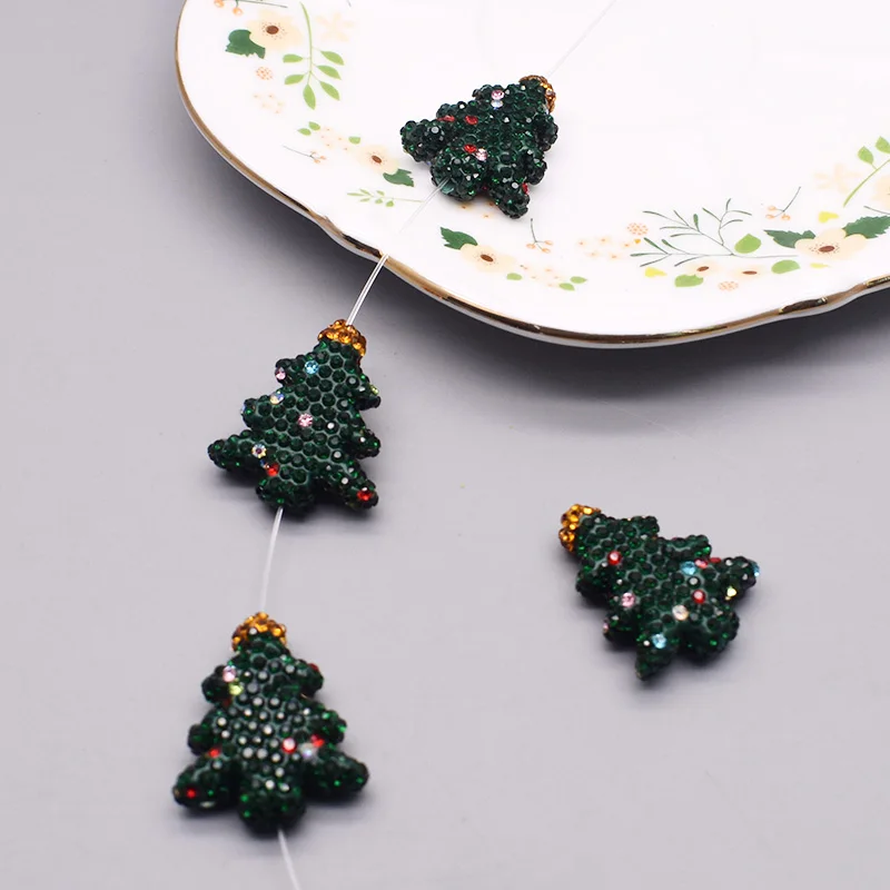 New 25x30mm Red Green Christmas Tree Beads Rhinestone Clay Loose Beads For Jewelry Making Necklace DIY