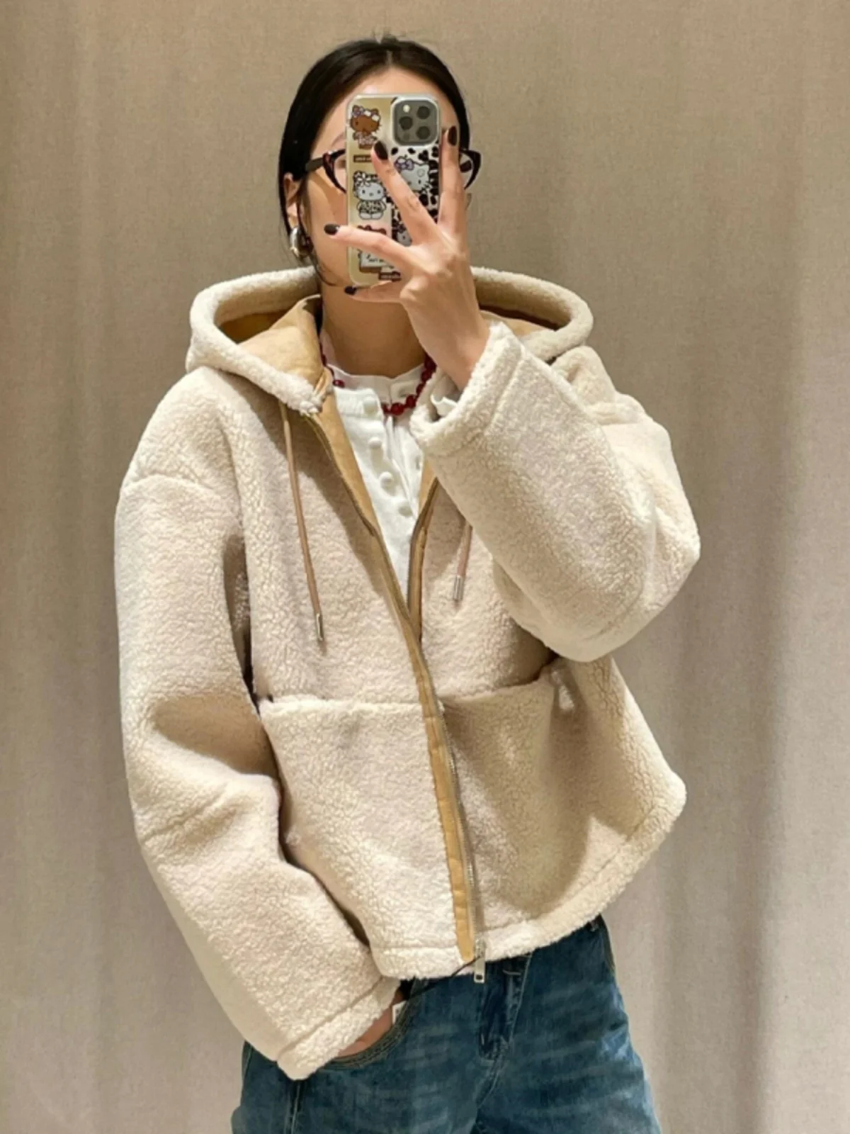 Witte Fufu Koreaanse Sle Fluffy Hooded of Lamsvachtjas Dames Thiened Buitenkleding Commute Sle Loose Fit Lange Sve