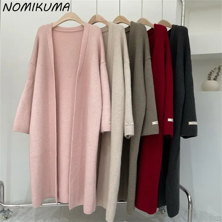 

Nomikuma Vintage Long Sweater Coat Women Autumn Winter Fashion Letters Appliques Knitted Cardigan 2023 Knitwear Open Stitch