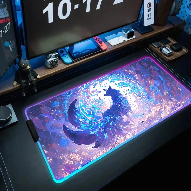 Colorful Fox RGB Mouse Pad Large Gamer Mousepad LED Luminous Mousemat Gamer Keyboard Pads Big Locking Edge Rubber Mouse Mat Xxl