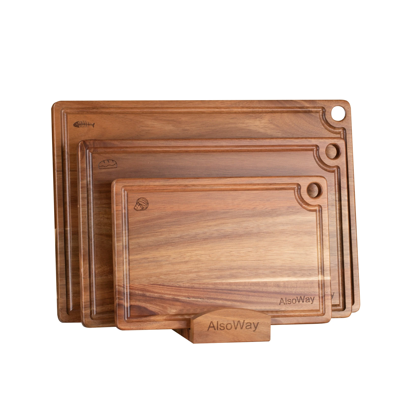 3Pcs Set Cutting Boards for Kitchen with Wood Storage Stand, Reversible Charcuterie & Chopping Boards with Juice Grooves