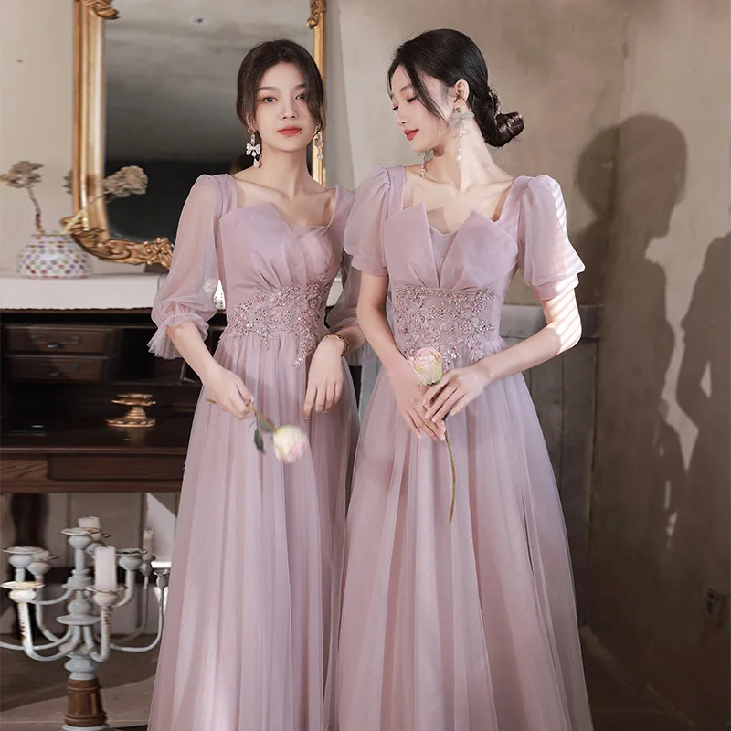 4 Styles Pink Bridesmaid Dresses Simple Temperament Square Collar Wedding Sisters Group Gown Classic Tulle Applique Party Dress