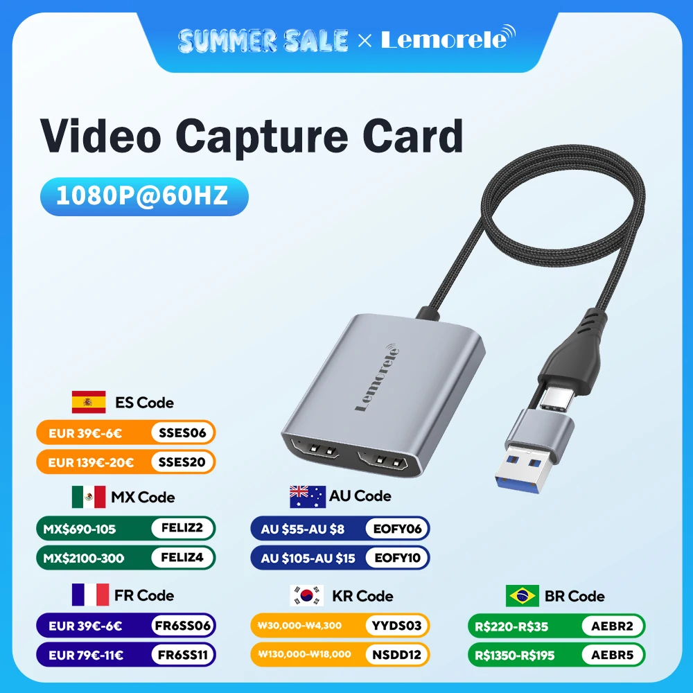 

Lemorele Video Capture Card HDMI to USB A/Type-C 1080P 60HZ Video Recorder for PS4/5 Switch Game Recording Live Streaming