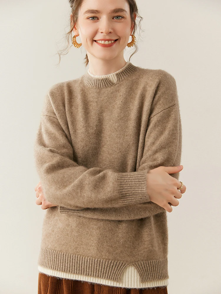 

MEETCC Women 100% Cashmere Fake 2Pcs Pullover Autumn Winter O Neck Cashmere Sweater Soft Warm Loose Fashion Jumpers Chic Tops