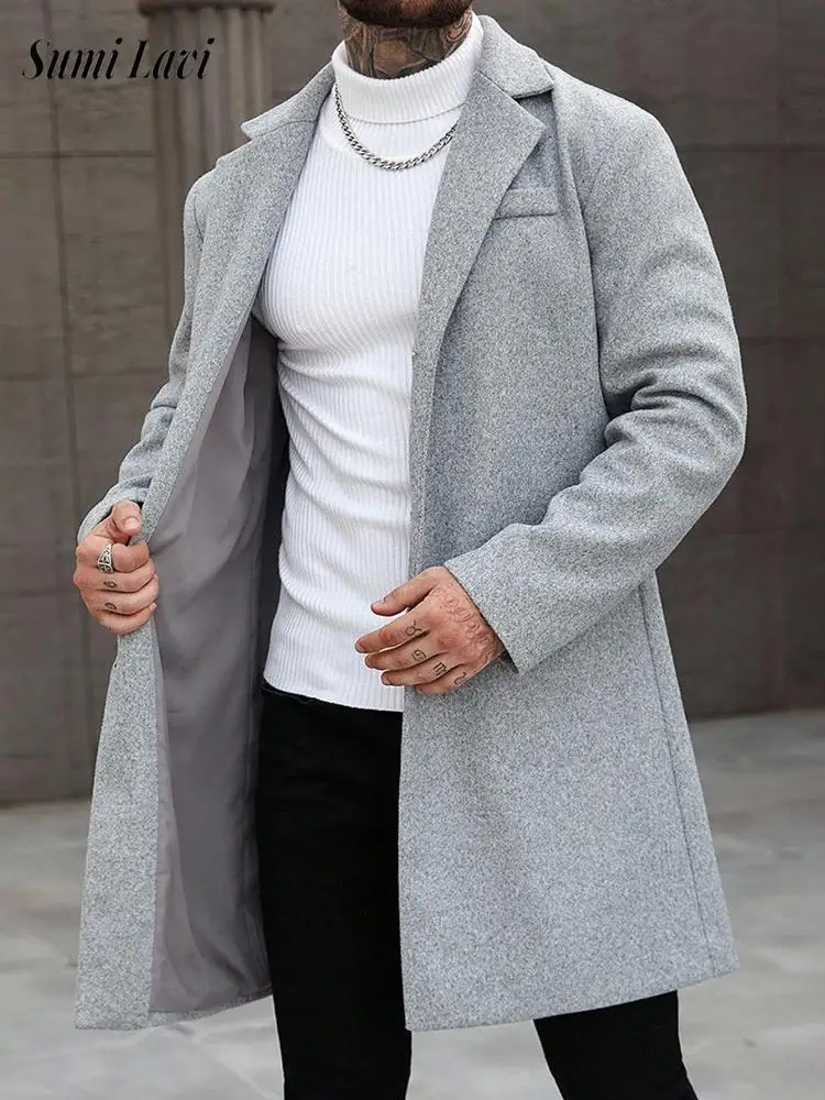 

Модный мужской Тренч с отложным воротником, пальто, мужские винтажные однотонные шерстяные куртки Mne, повседневные тонкие однотонные Outear