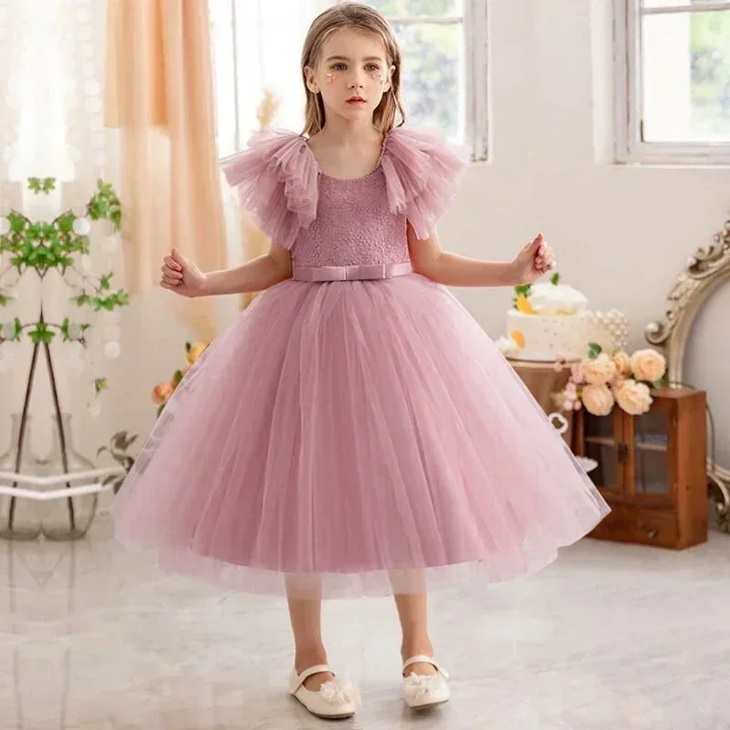 Ruffles Elegant Wedding Party Dress for Kids Girl Lace Flower Princess Dress for Girls Birthday Party Gown Holiday Kid\'s Dress