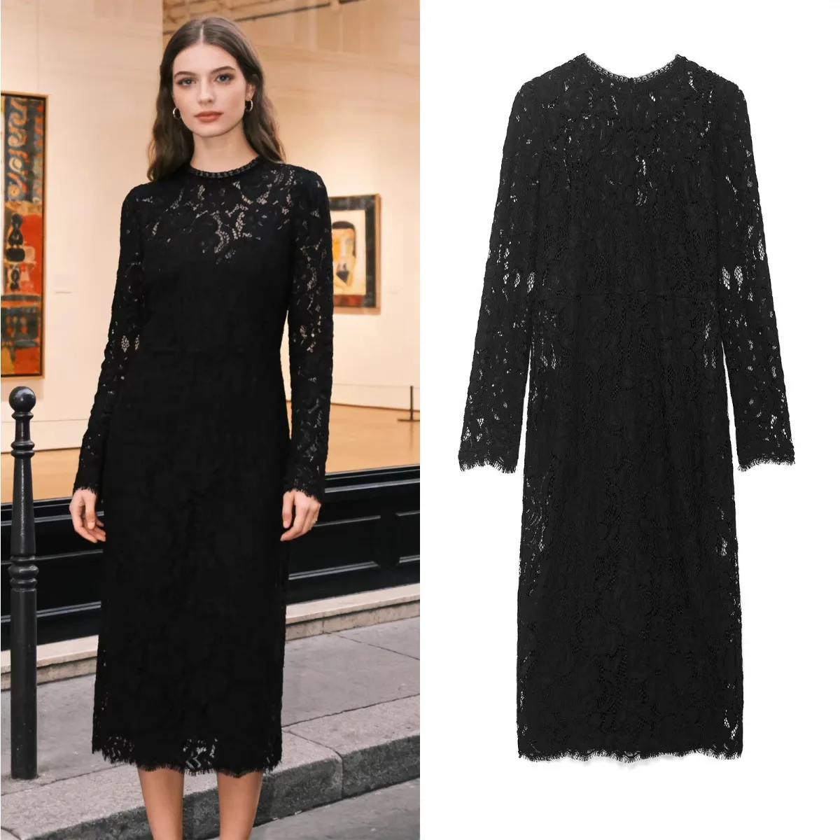 

Women's Sexy Slim Fit Dress Spring Fashion Casual Lace Hollow Round Neck Midi Dress Long Sleeve Solid Color Versatile Dress