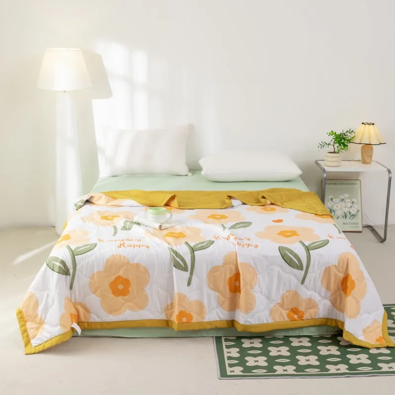 1PC Yellow Floral Heart Everyday Happy Letter Double Sided Summer Quilt Soft Washable Cooling Air Condition Comforter