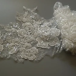 1yard luxury beaded embroidery lace appliques for wedding dresses Rhinestone lace applique patches Embroidery lace parches ropa