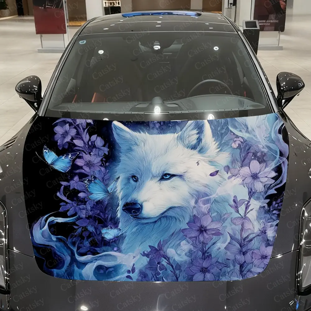 Blue Flower White Wolf Car Hood Stickers, Eye-catching Patterns, Multi-purpose Stickers, Gifts For Friends, Christmas Decoration