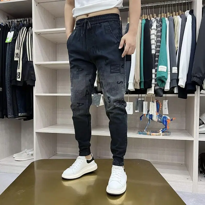 Autumn 2023 Stylish New Arrival Elastic Waistband Black Cowboy Men's Baggy Pants Gradient Fashion Cotton Overalls Trousers Man