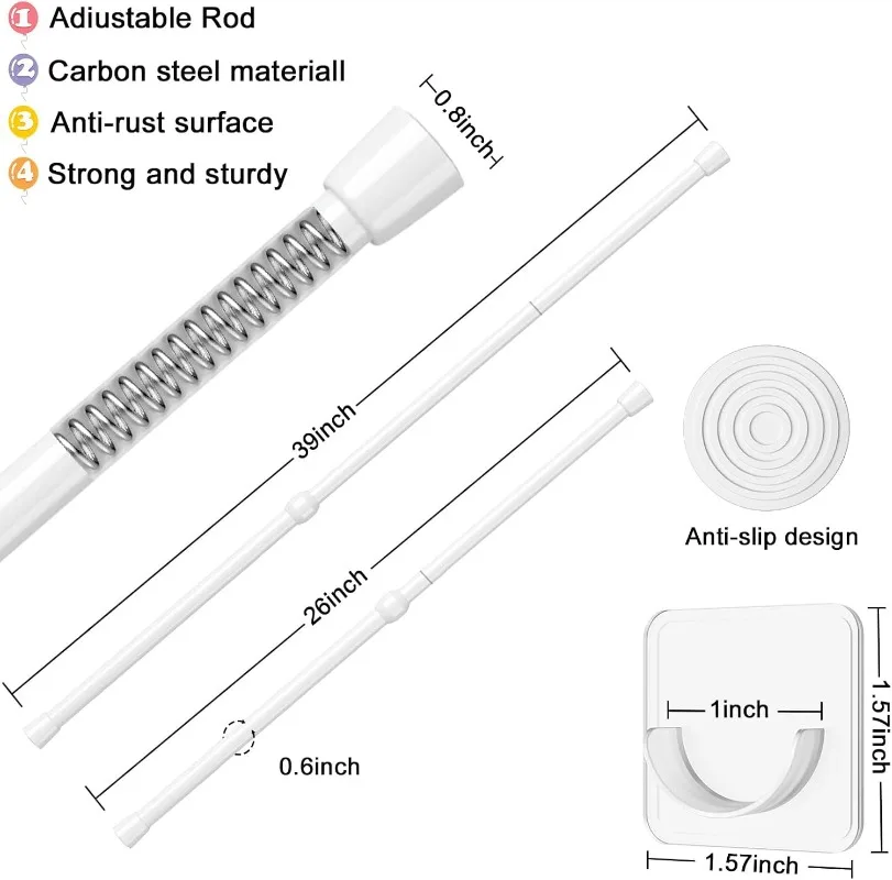 2pcs Tension Curtain Rod Spring Tension Rod Short Curtian Rods No Drilling Expandable Spring Loaded Curtain Tension Rod