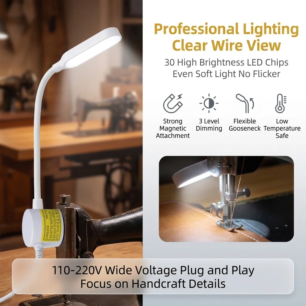 30 LED Sewing Machine Light Touch 3 Level Dimmable Magnetic Base 110-220V 2W Light Angle Adjustment LED Work Lamp for Sewing Arm