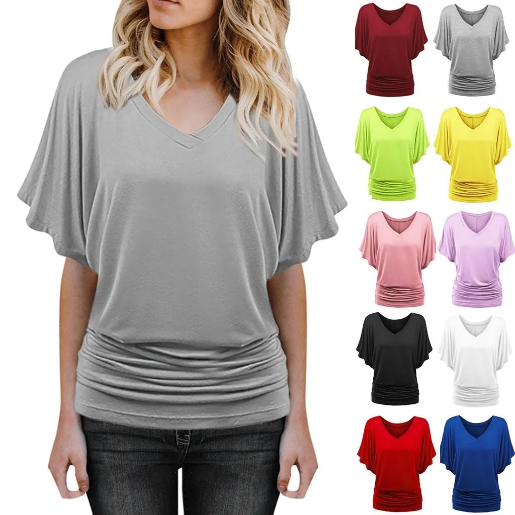 Soft Pleated Summer Bating Short Sleeved V-neck Solid Color T-Shirt Fashionable Classic Soft And Comfortable Daily Top For Lady