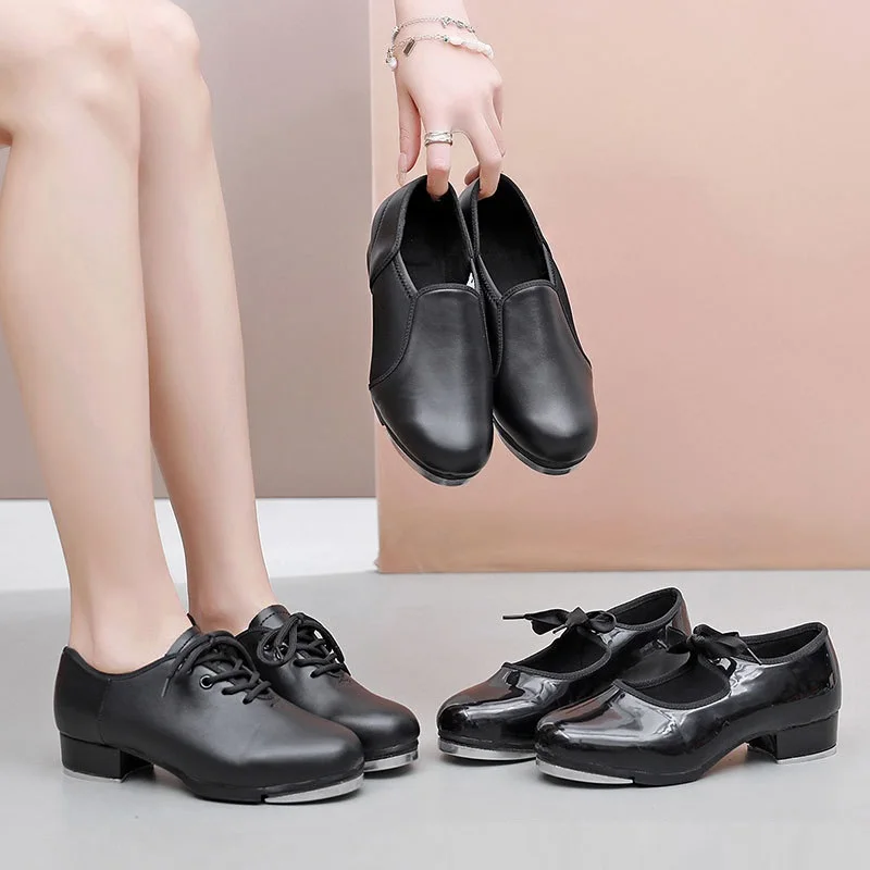 Elastic Opening Straight Sole Tap Dance Shoes Women Black Imitation Leather Sneakers Step Dance Shoes Children Large Size