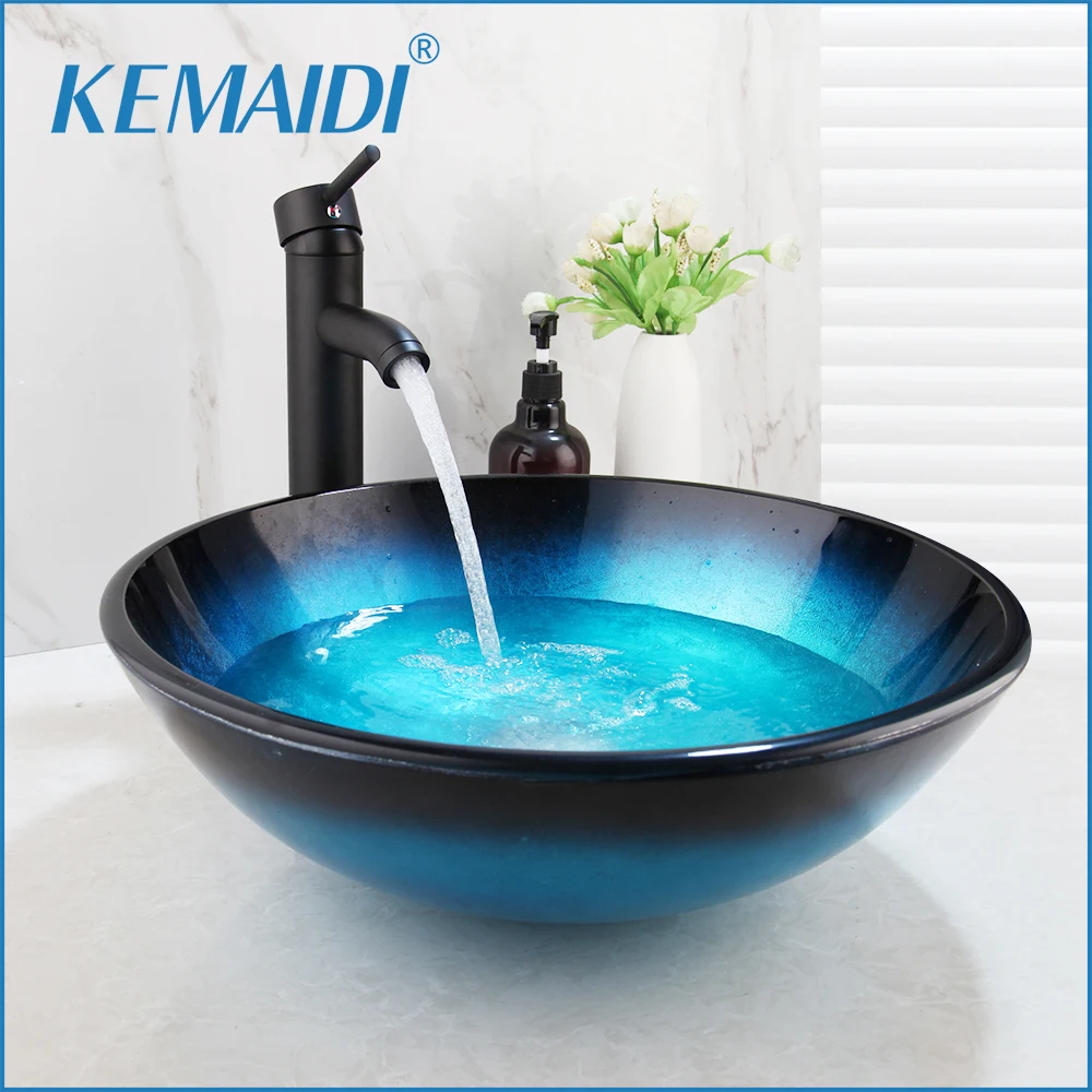 

KEMAIDI Bule Round Tempered Glass Basin Bowls Above Counter Lavatory Washbasin wihh Black Mixer Faucet for Bathrooms