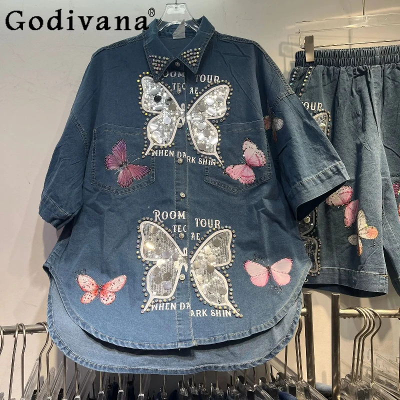 

Plus Size Fashion Half-sleeved Hot Diamond Denim Shirt Girl Summer New Chic Butterfly Leisure Elastic Waist Five-point Pants Set