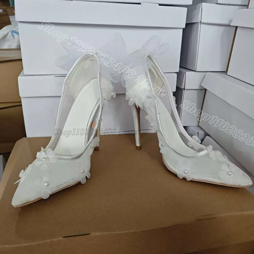 Bombas de estilete para decoração de flor bowknot feminino, sapatos de malha aérea, dedo apontado, sólido, vestido de festa de casamento, moda