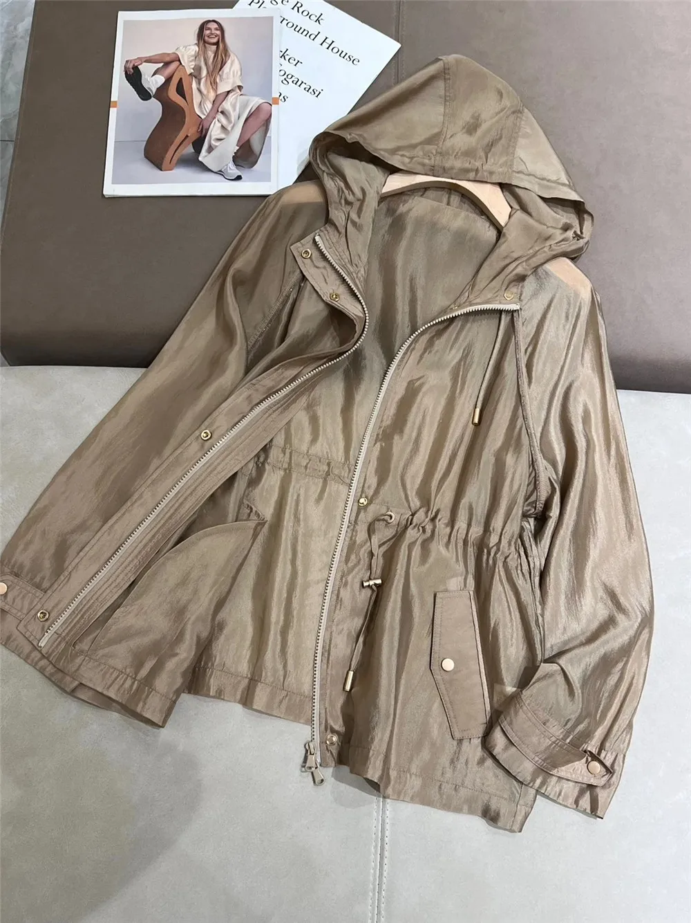 Women Hooded Sunscreen Windbreaker Beading Lightweight Long Sleeve Casual Loose Jacket Coat