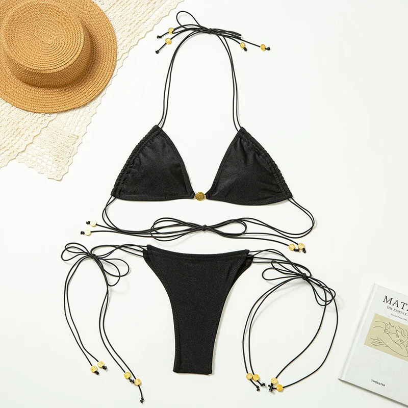 Bikini Set Swimsuit Women Metal Chain Decoration Bandage Triangle Micro Bikini Swimwear Trendy Solid Split Bathing Suit 2025 New