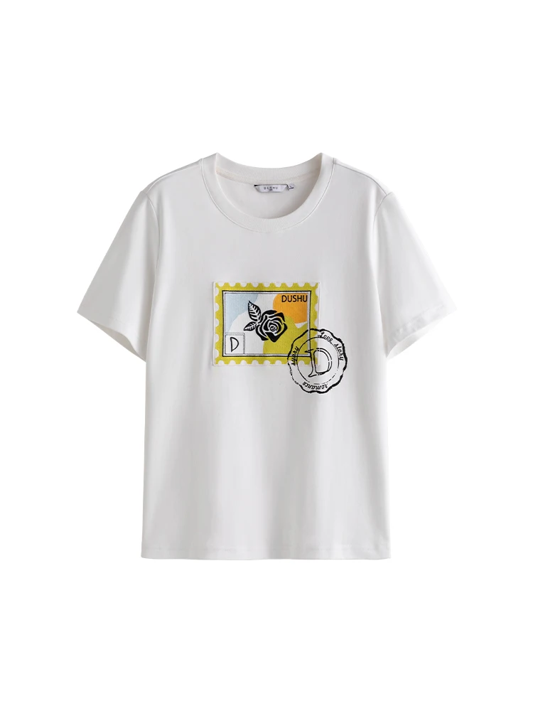 DUSHU 100% Cotton Original Printing Simple White Short-Sleeved T-Shirt For Women Spring Summer New White Casual Top For Women