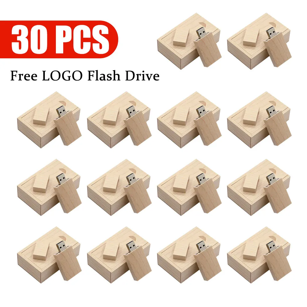 

30pcs/lot Flash Drive Usb 2.0 Wooden + Box Pen Drive 4GB 8GB 16GB 32GB 64GB U Disk Free Custom Logo for Photography Wedding Gift