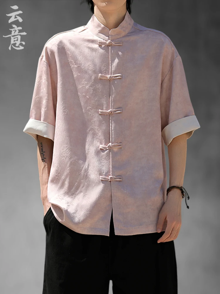 

Новая летняя мужская рубашка в китайском стиле с коротким рукавом, из ледяного шелка, в стиле Чжуншань, с воротником-стойкой, молодежная модная повседневная рубашка